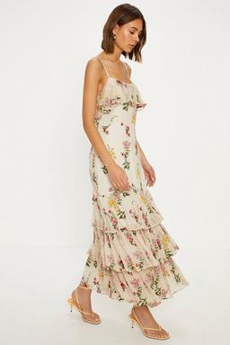 Premium Floral Embroidered Ruffle Chiffon Dress