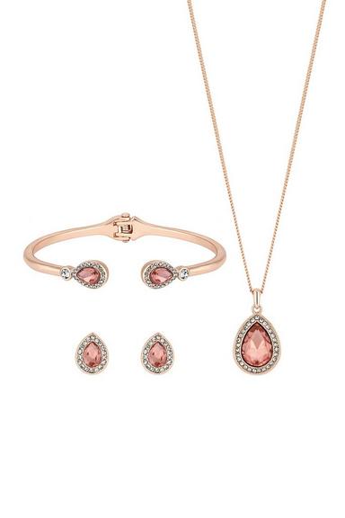 Rose Gold Plated With Pink Pear Crystals Trio Set - Gift Boxed