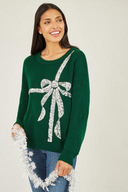 Green Sequin Bow Knitted Jumper