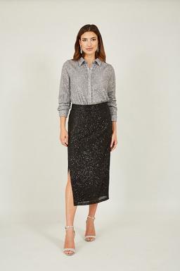 Black Sequin Fitted Skirt With Front Slit