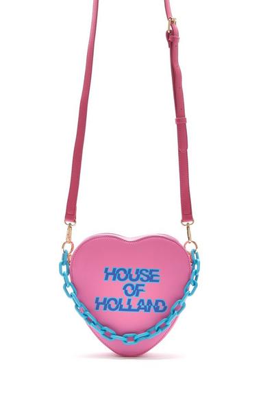Heart Shape Cross Body Bag In Pink With A Chain Detail And Printed Logo