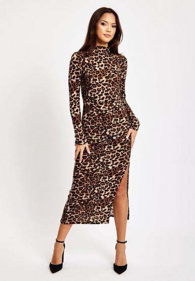 Brushed Knit Leopard Print Midi Dress With Front Slit