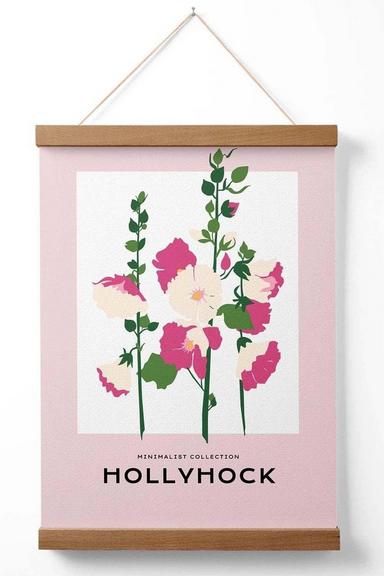 Pink Hollyhock Flower Market Boho Poster with Oak Hanger