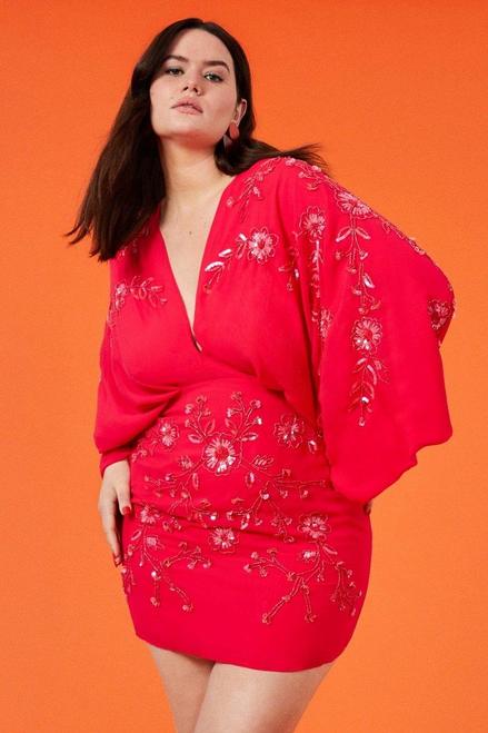 Plus Size All Over Beaded V Neck Kimono Mini Dress