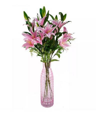 Leaf 100cm Artificial Pink Lily Flower Arrangement Glass Vase