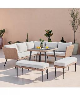Seychelles PE Rattan Outdoor Garden 9 Seat Dining Table And Corner Sofa Set With 2 Benches And Cushions