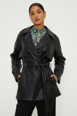 Faux Leather Short Trench Coat