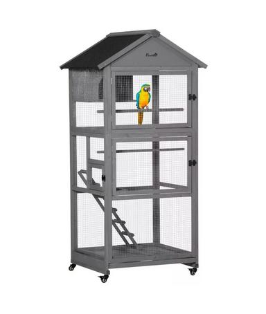 Bird Cage Mobile Wooden Aviary House with Wheel Perch Nest Ladder