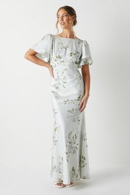Dahlia Printed Angel Sleeve Satin Bridesmaids Dress