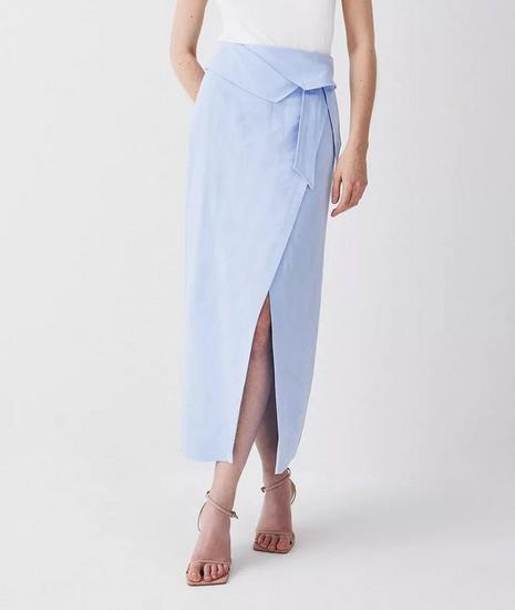 Linen Wrap Belted Midi Skirt