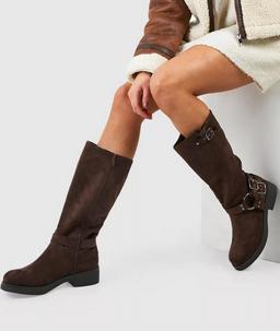 Buckle Detail Harness Knee High Boots