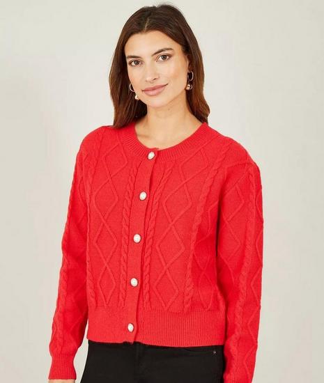 Red Cable Knit Cardigan With Pearl Buttons
