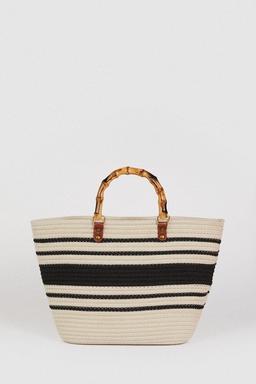 Mono Stripe Bamboo Handle Detail Bag