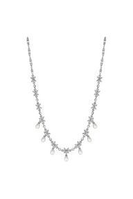 Rhodium Floral And Pearl Cubic Zirconia Bridal Necklace