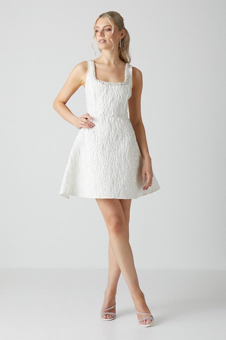 Jacquard Full Skirted Mini Dress With Jewel Trim