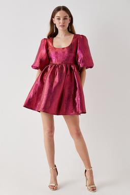 Puff Sleeve Metalllc Jacquard Mini Dress