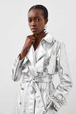 Metallic Faux Leather Belted Trench Coat