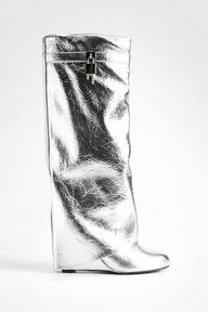 Metallic Padlock Detail Wedge Fold Over Knee Boots
