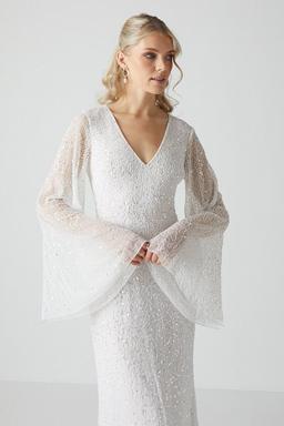 V Neck All Over Embellished Flare Sleeve Wedding Dress