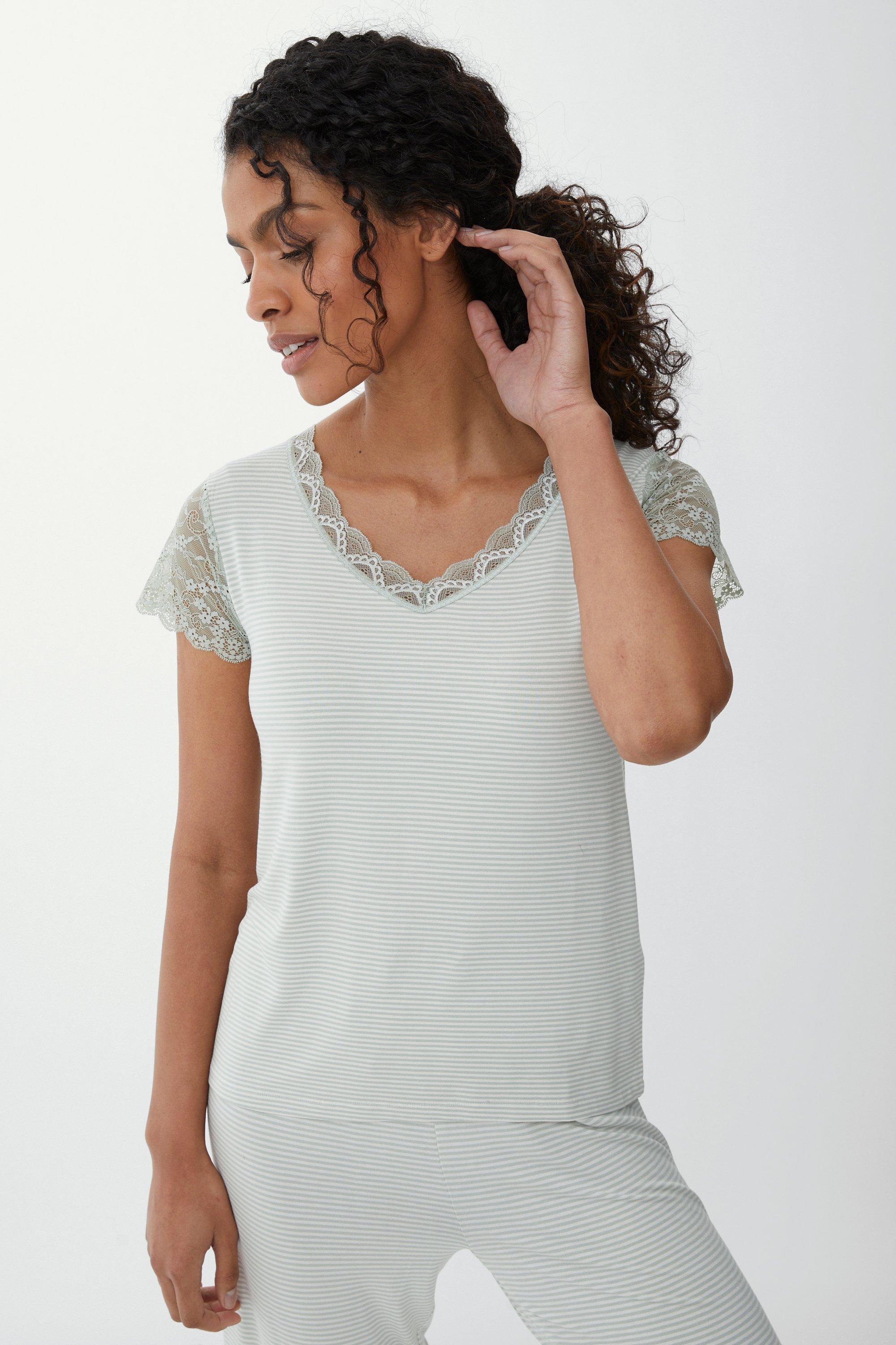 Stripe Viscose Jersey Short Sleeve Top With Lace
