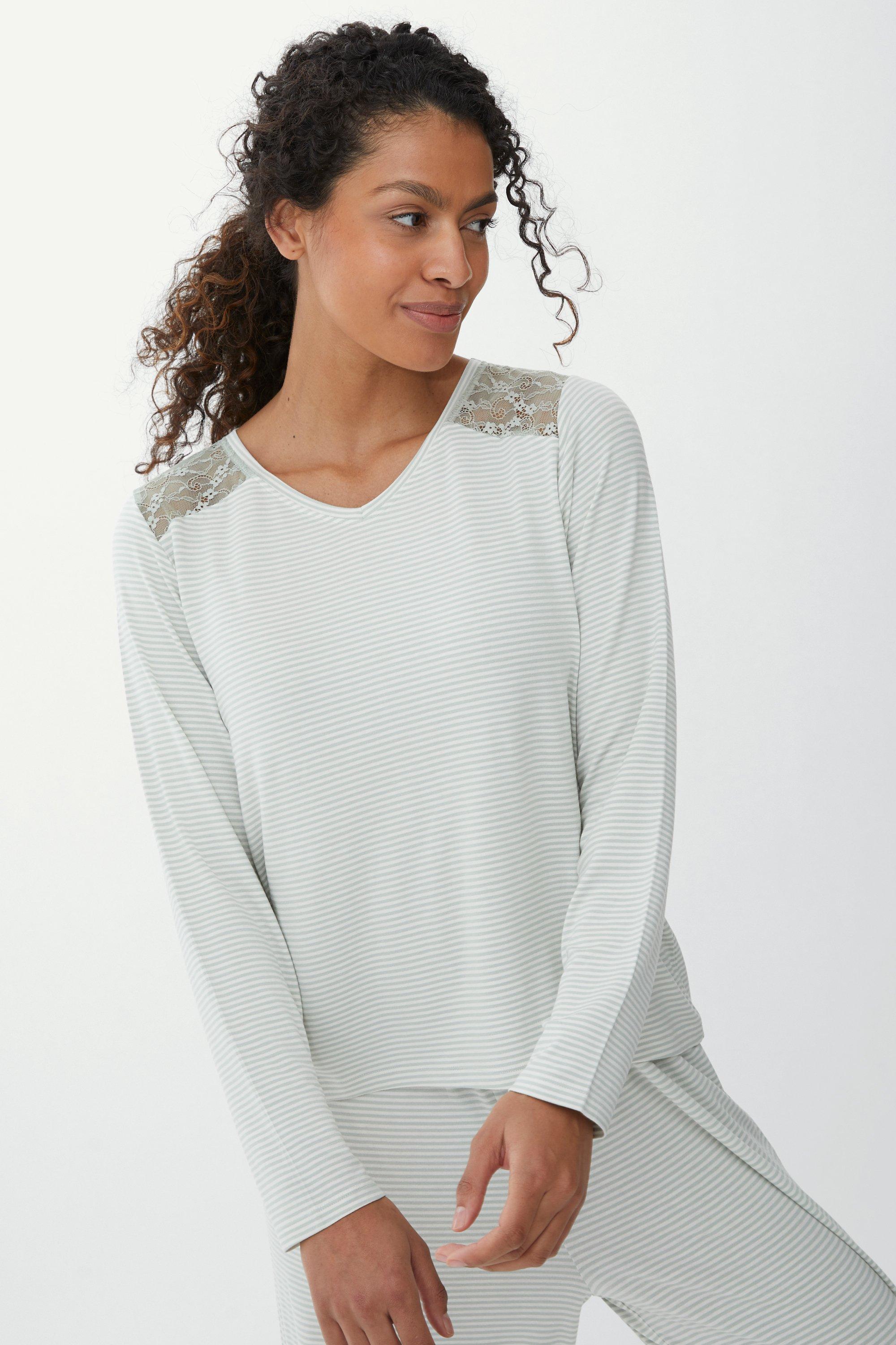 Stripe Viscose Jersey Long Sleeve Top With Lace