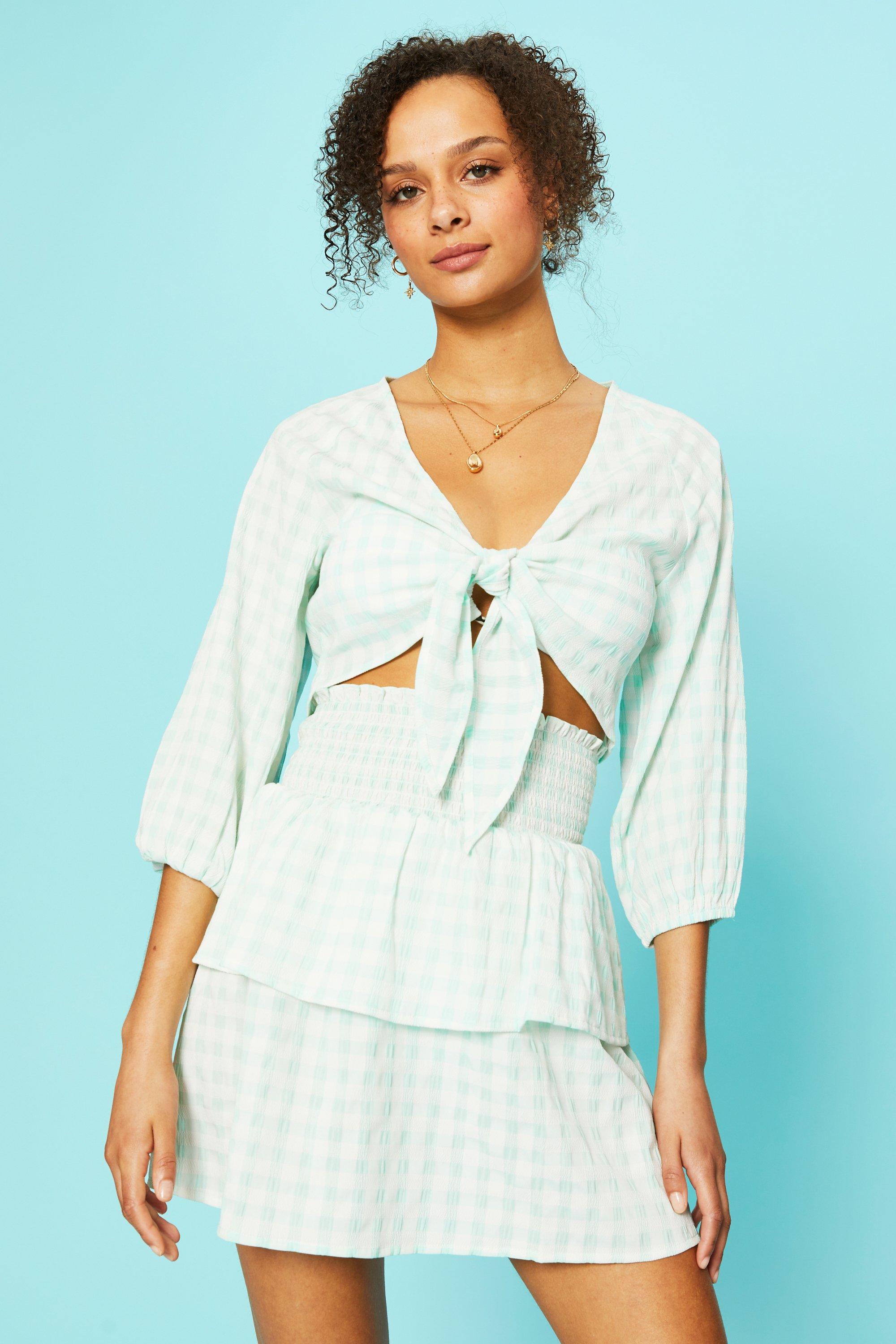 Checked Long Sleeve Knot Front Top