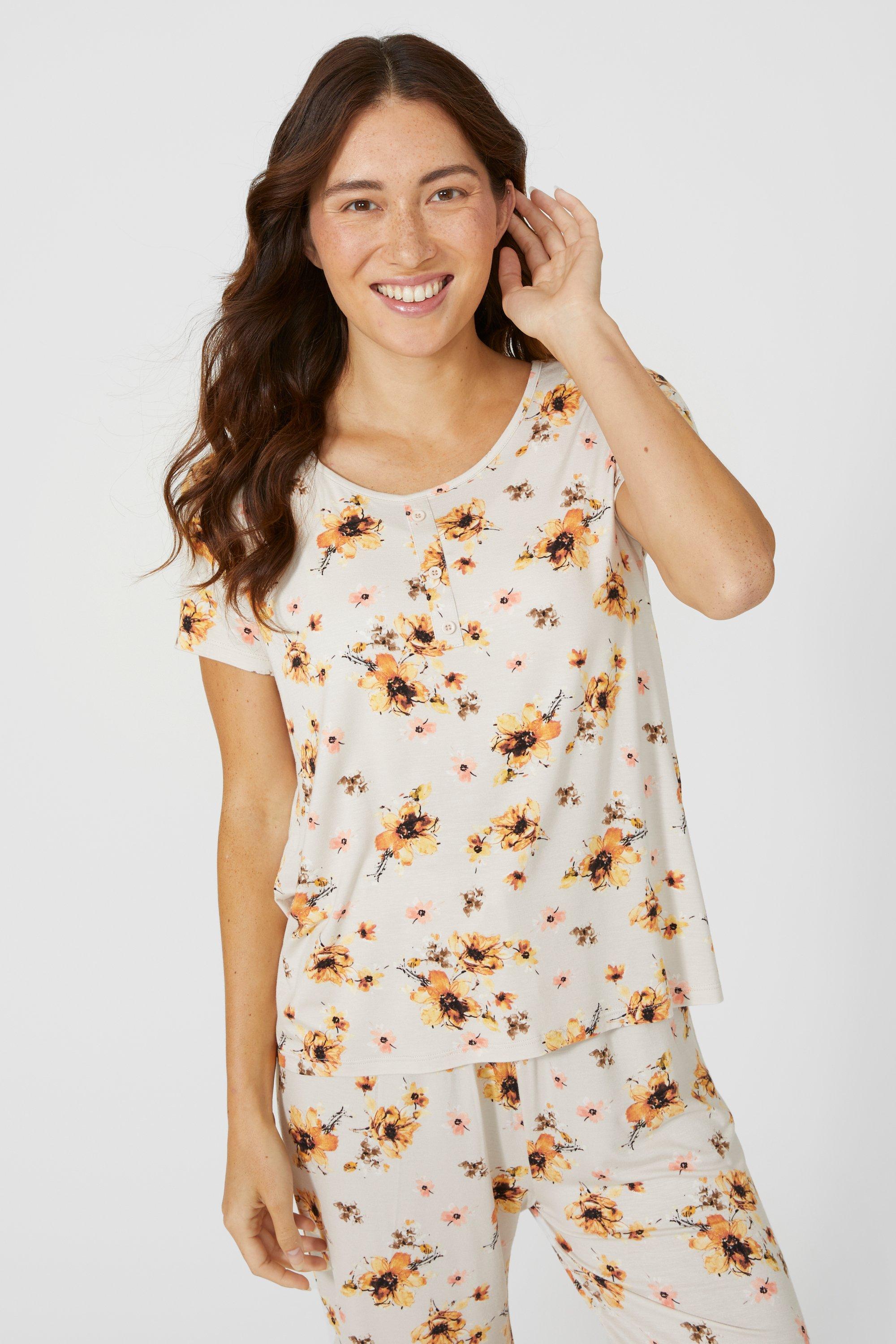 Yellow Floral Print Button Detail Short Sleeve Tee