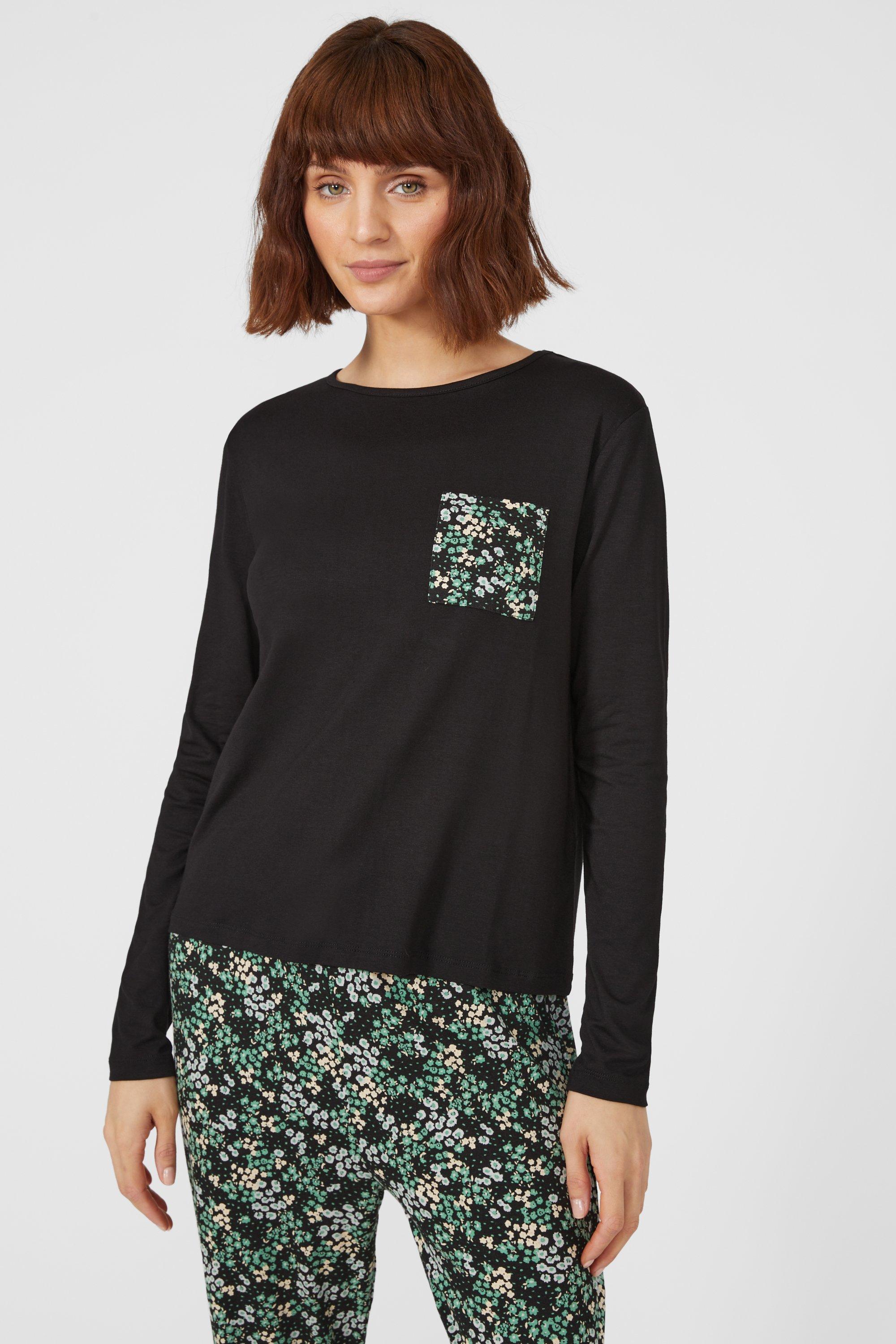 Ditsy Long Sleeve Jersey Top With Printed Pocket