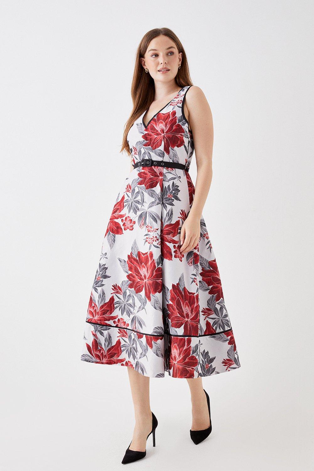 Debut London Floral Jacquard Belted Midi Dress