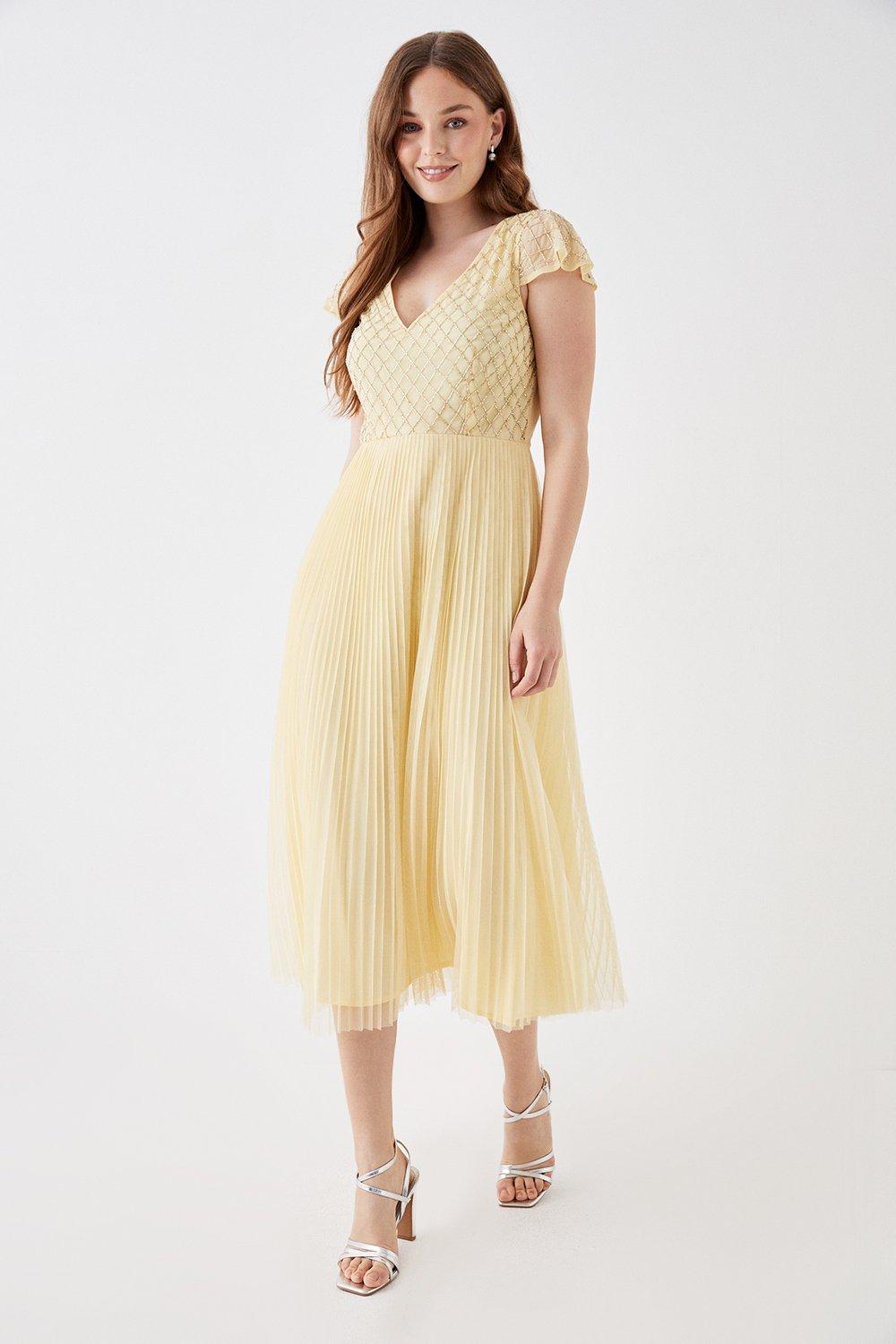 Debut Pleated Skirt Midi Dress With Embellished Bodice