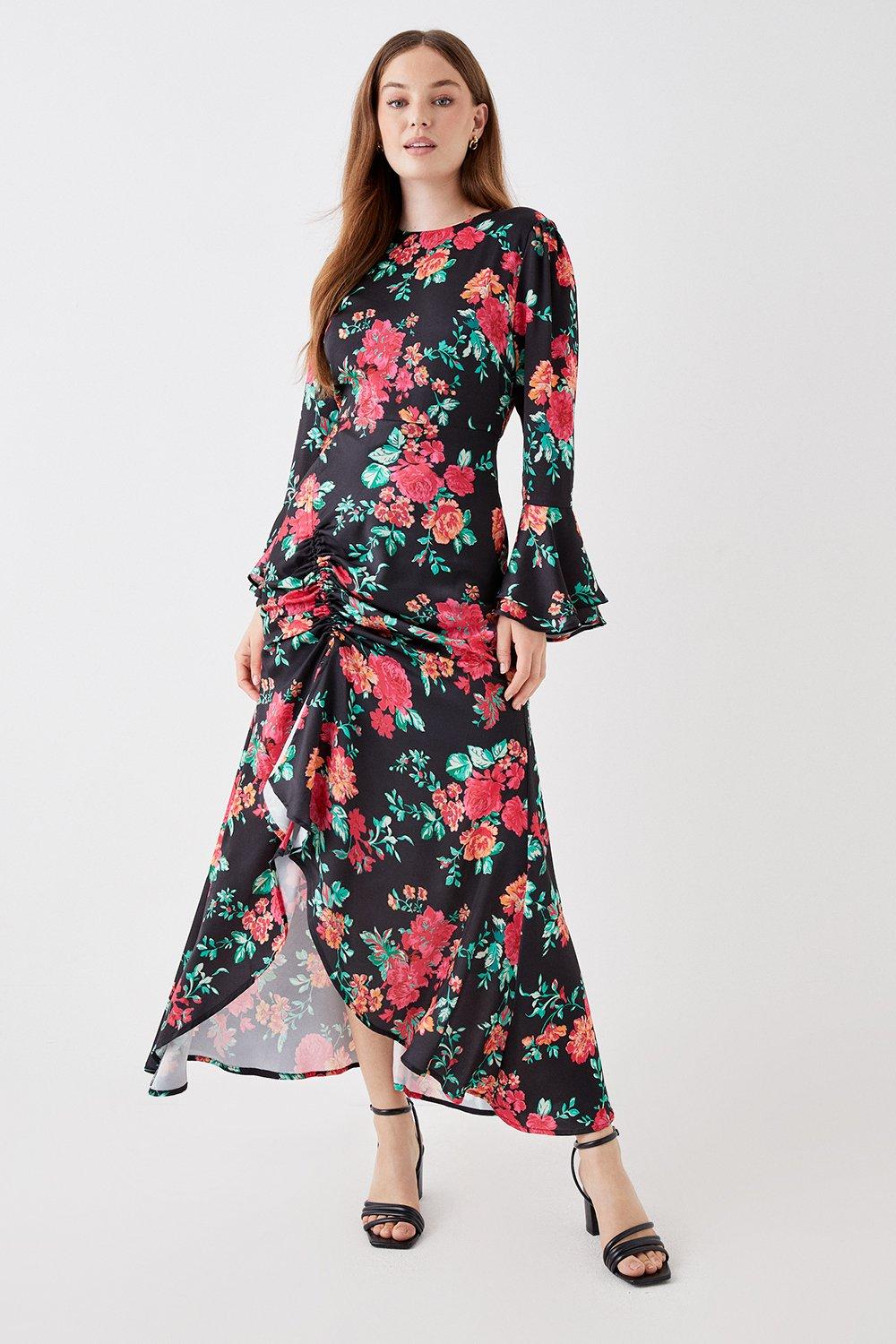 Debut London Printed Satin Ruche Side Dress