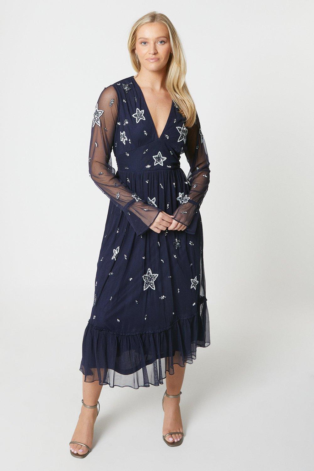 Debut London by Coast Long Sleeve Star Embellished Tiered Midi Dress