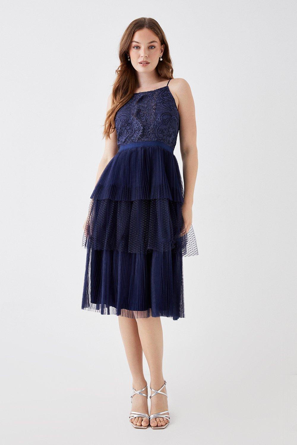 Debut Strappy Lace Bodice Tiered Mesh Bridesmaids Dress