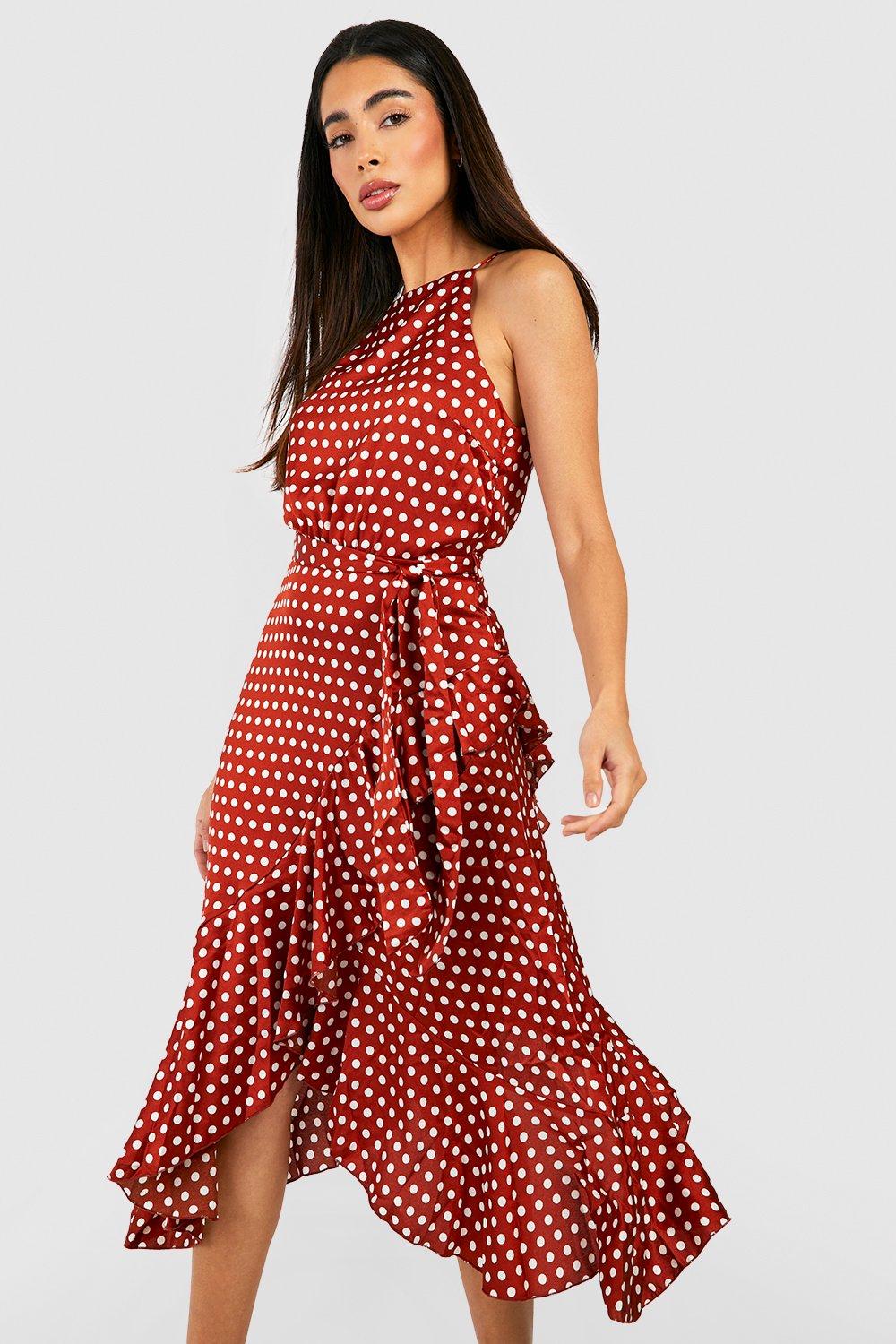 Satin Polka Dot Frill Detail Midi Dress