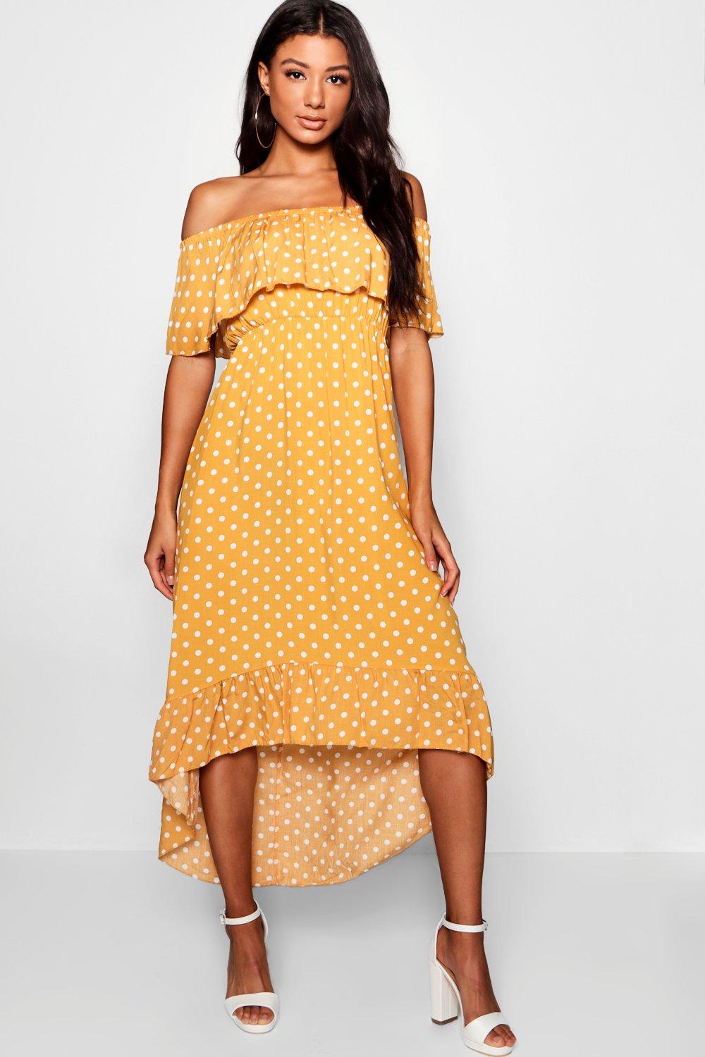 Woven Polka Dot Print Bardot Maxi Dress