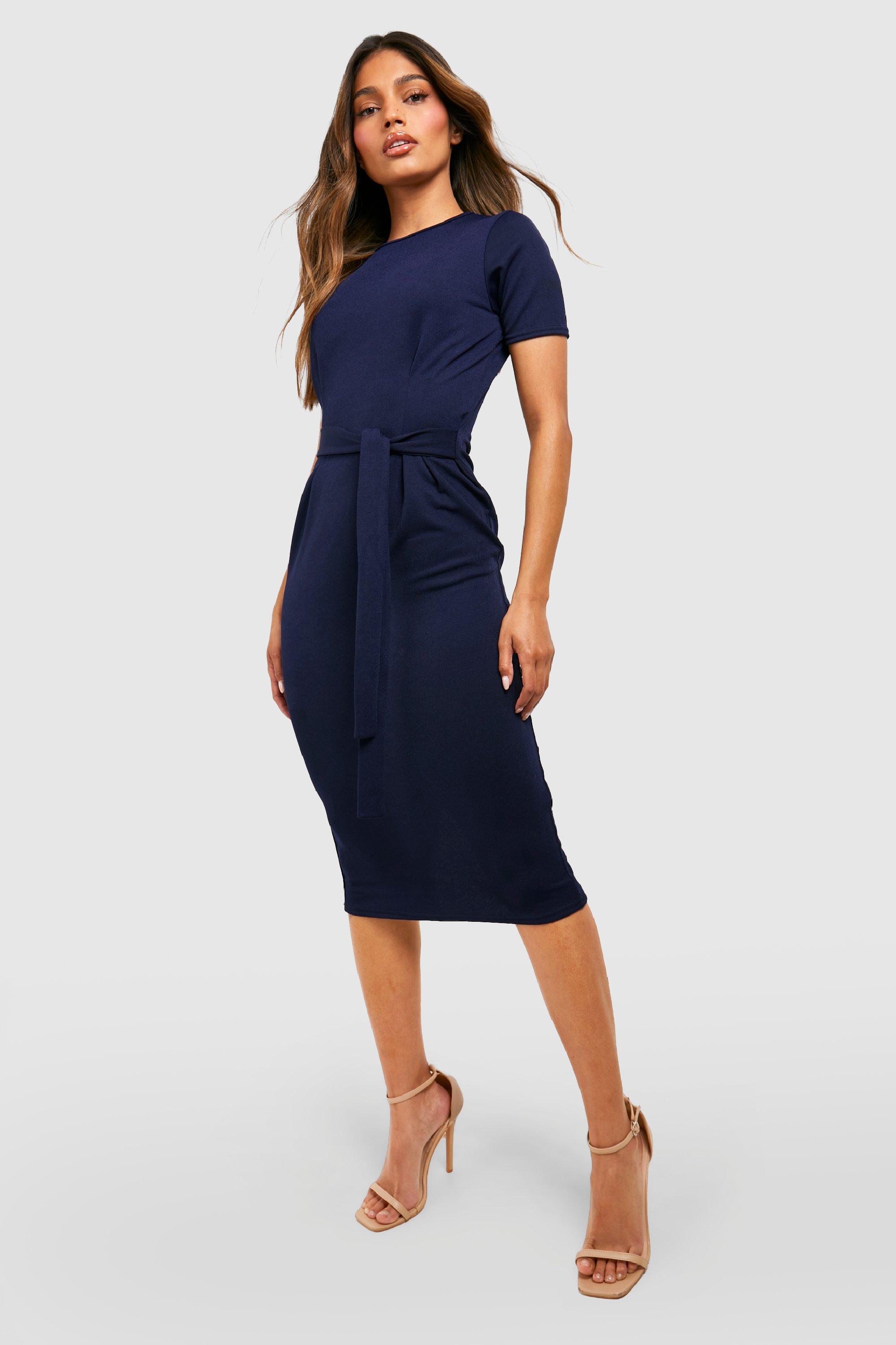 Jersey Crepe Pleat Front Belted Midi Dress
