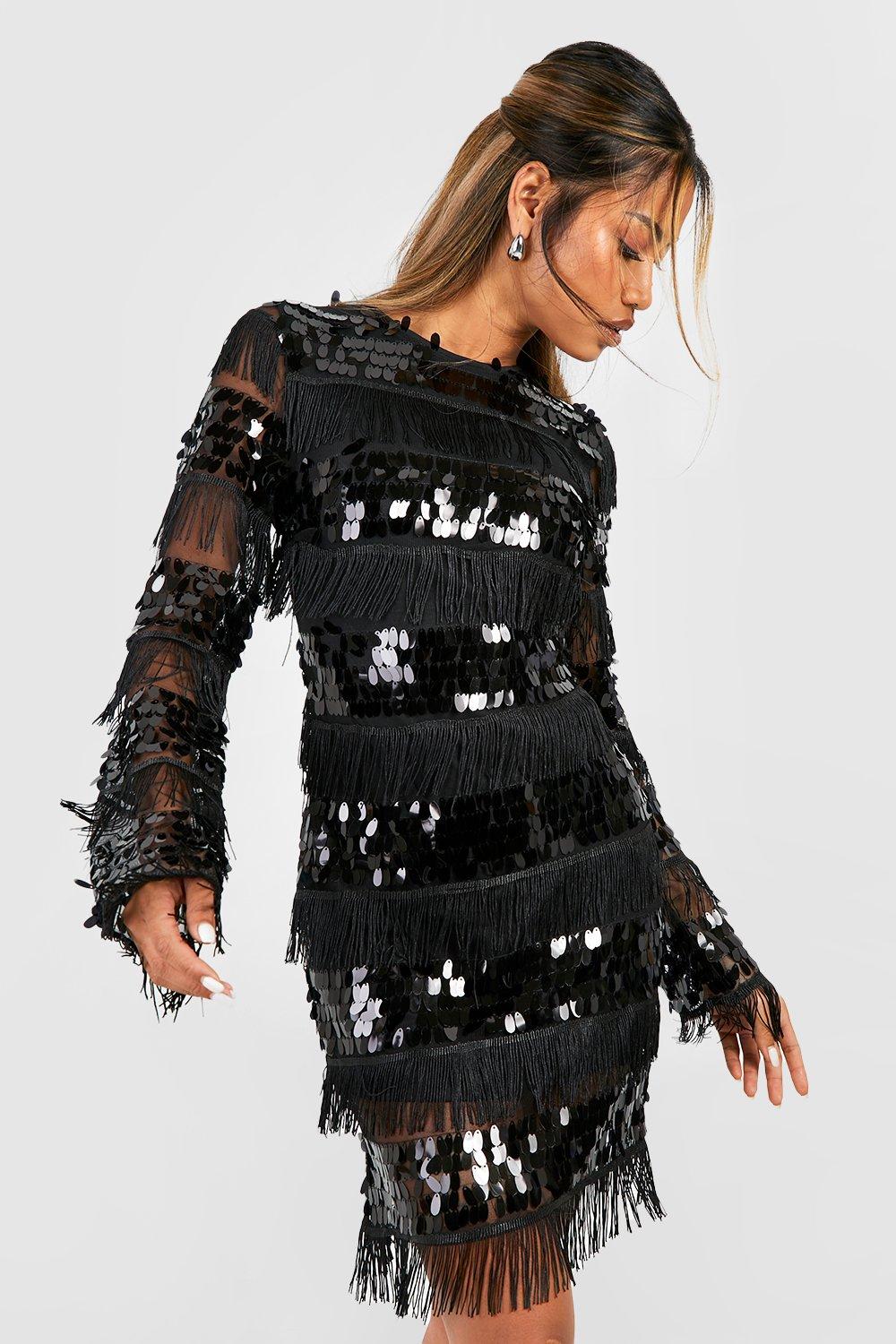 Sequin and Tassel Long Sleeve Bodycon Party Dress