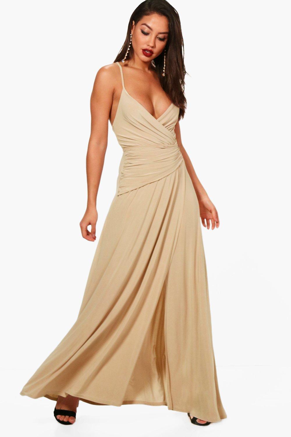 Slinky Wrap Ruched Strappy Maxi Bridesmaid Dress