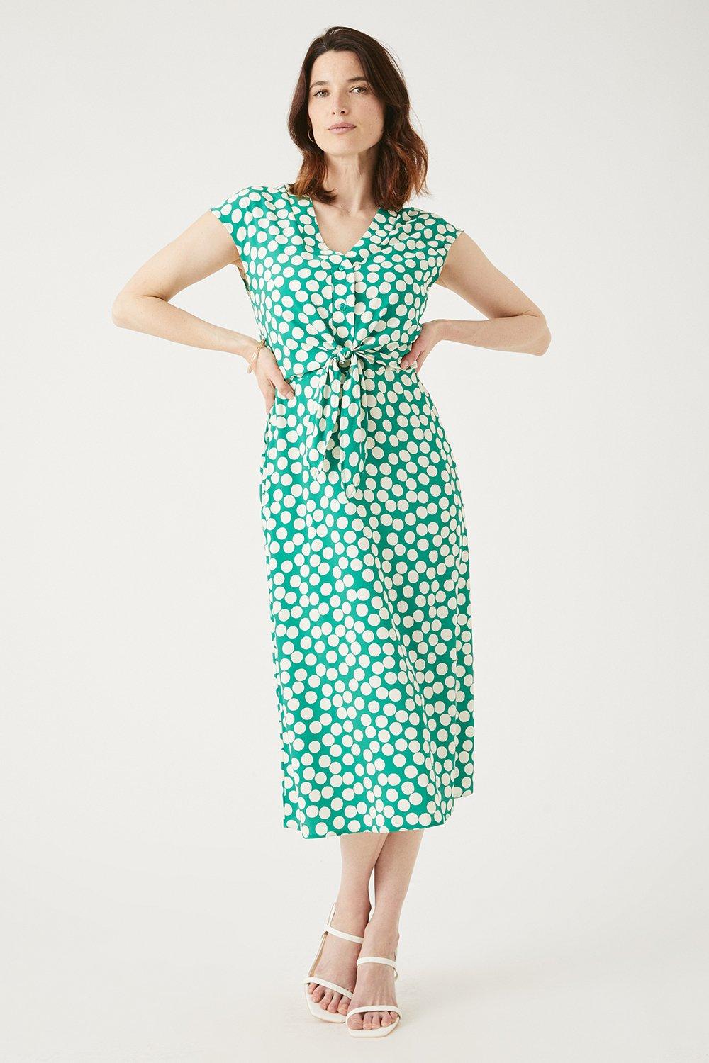 Green Spot Tie Front Midi Dress
