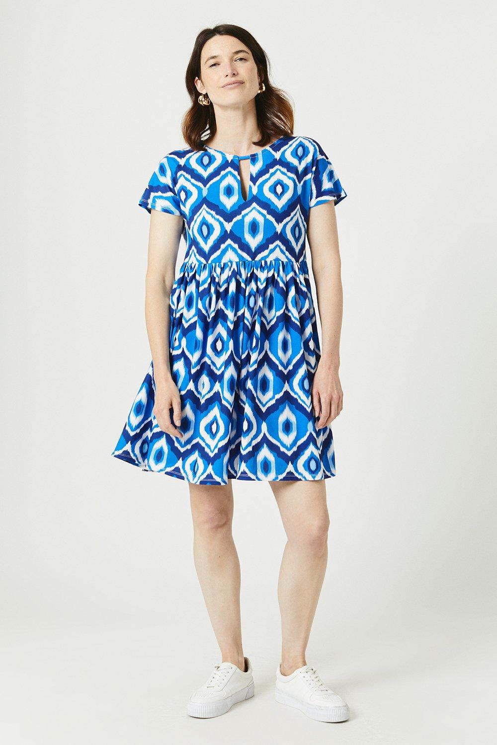 Blue Abstract Mini Dress With Pockets