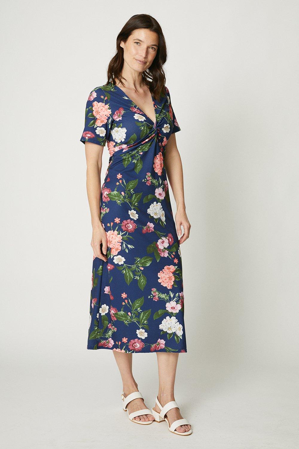 Navy Floral Twist Front Short Sleeve Midi Dress
