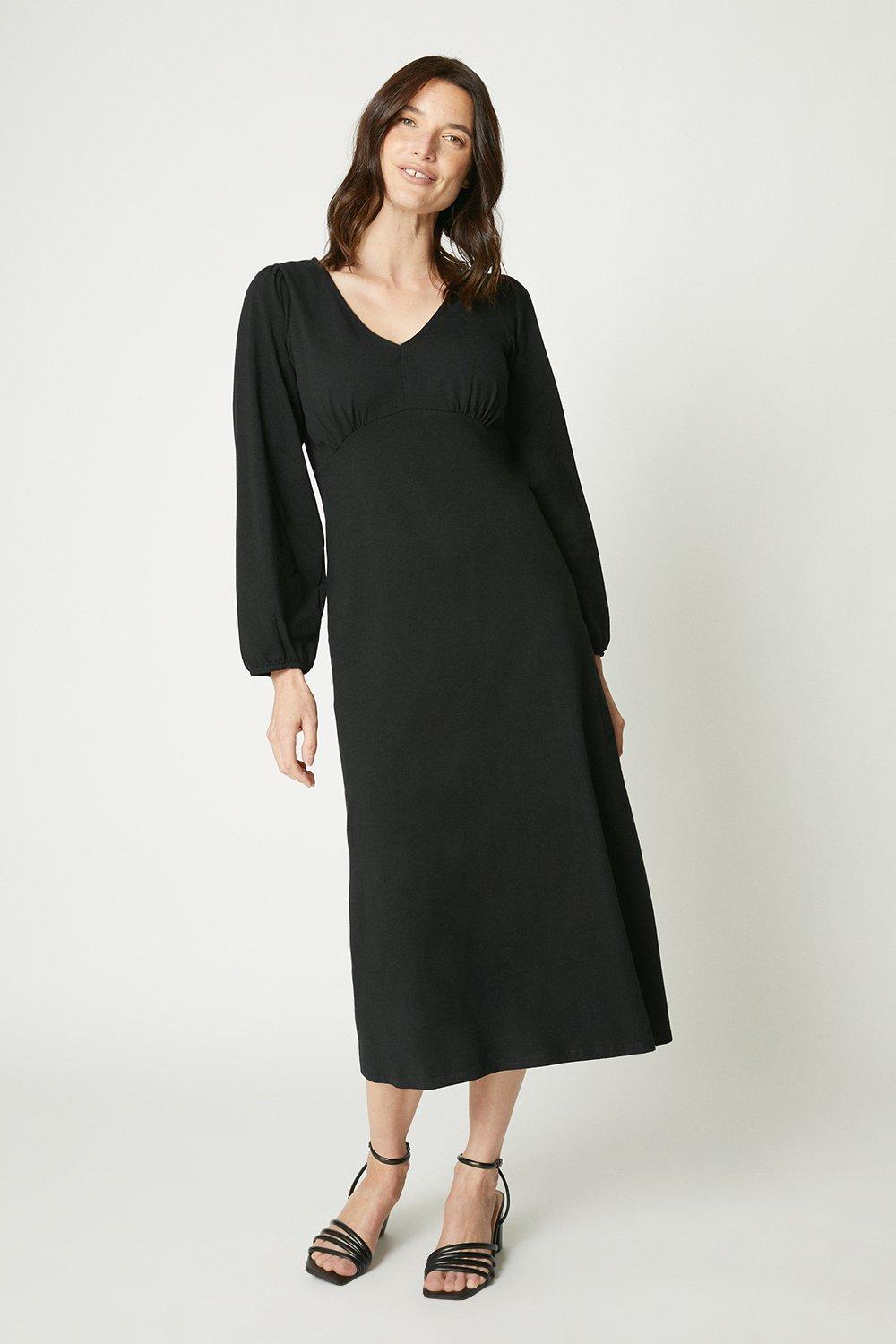 Plain V Neck 3/4 Sleeve Midi Dress