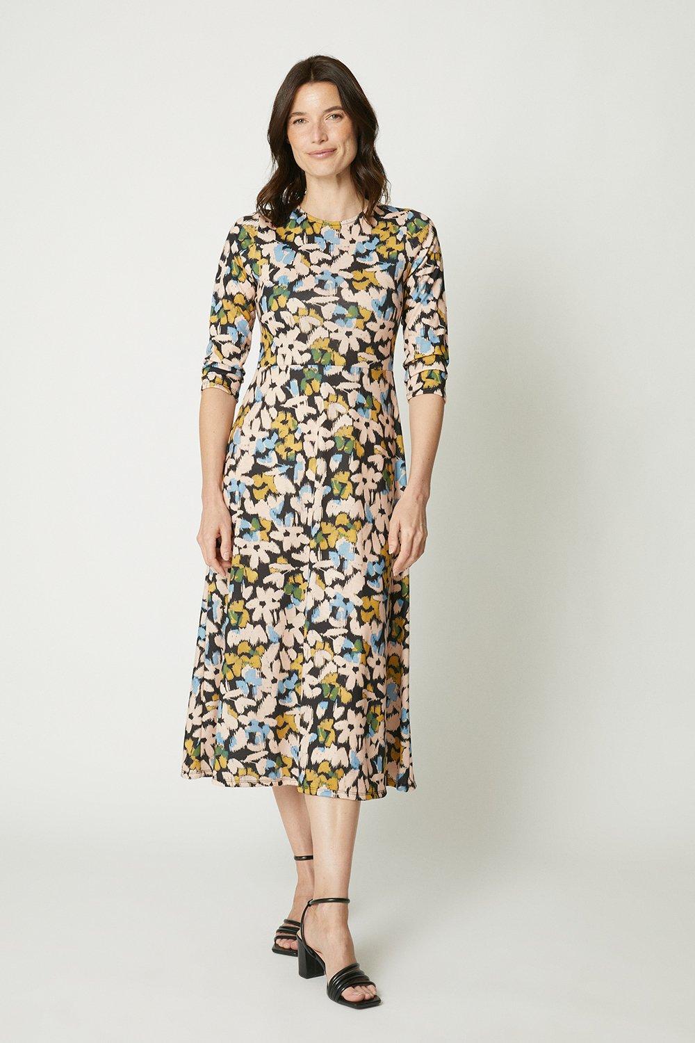Floral Print 3/4 Sleeve Midi Dress
