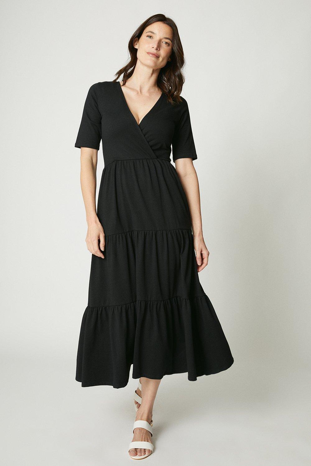 Black Wrap Tiered Midi Dress