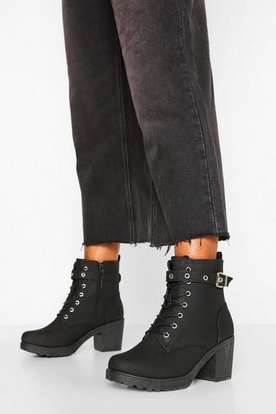 Wide Fit Buckle Lace Up Chunky Hiker Boots
