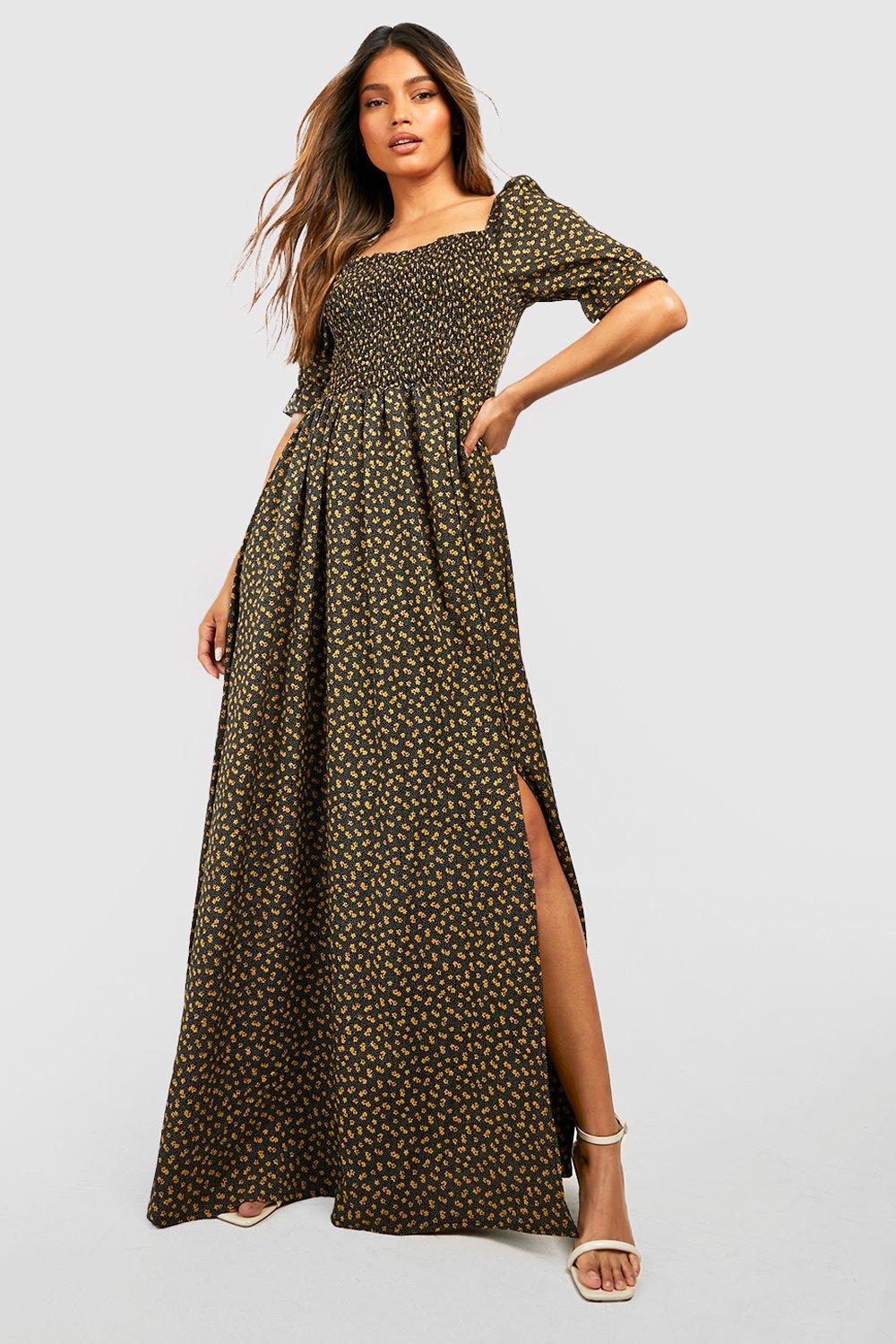 Ditsy Floral Square Neck Shirred Maxi Dress