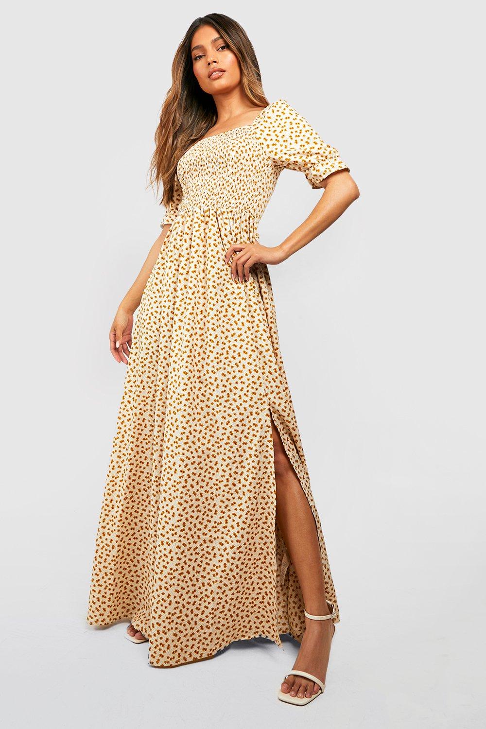Ditsy Floral Square Neck Shirred Maxi Dress