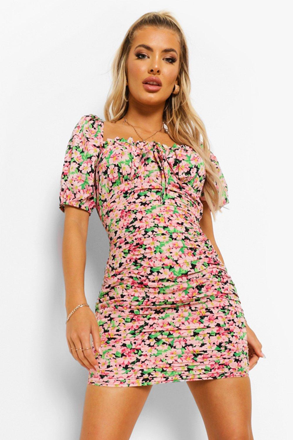 Floral Ruched Front Tie Detail Mini Dress