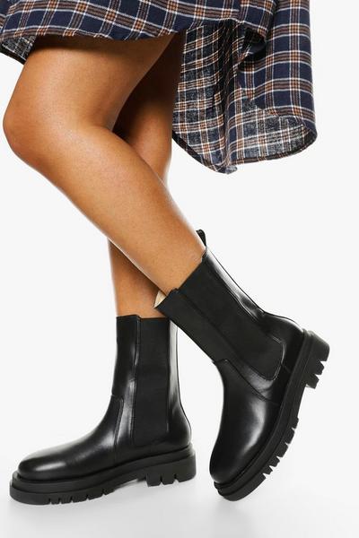 Wide Fit Calf High Chunky Sole Chelsea Boots