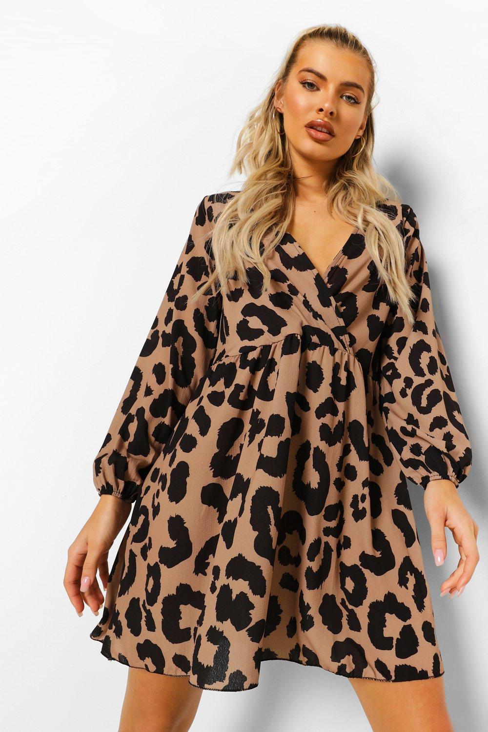 Leopard Wrap Front Smock Dress